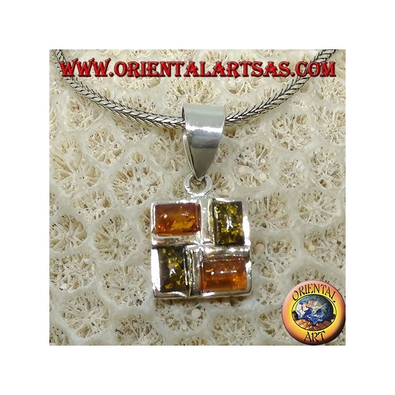 Square silver pendant with 2 amber yellow and 2 amber green rectangular