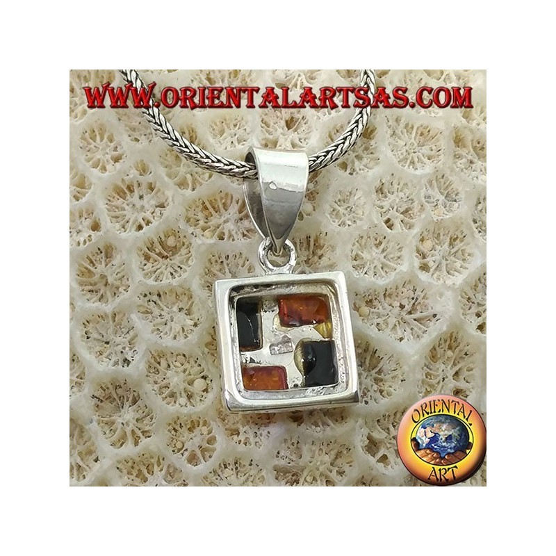 Square silver pendant with 2 amber yellow and 2 amber green rectangular