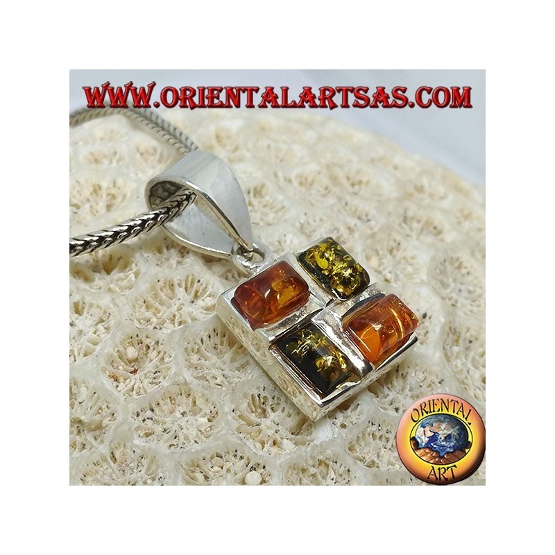 Pendentif carré en argent avec 2 rectangulaires jaune ambre et 2 vert ambre