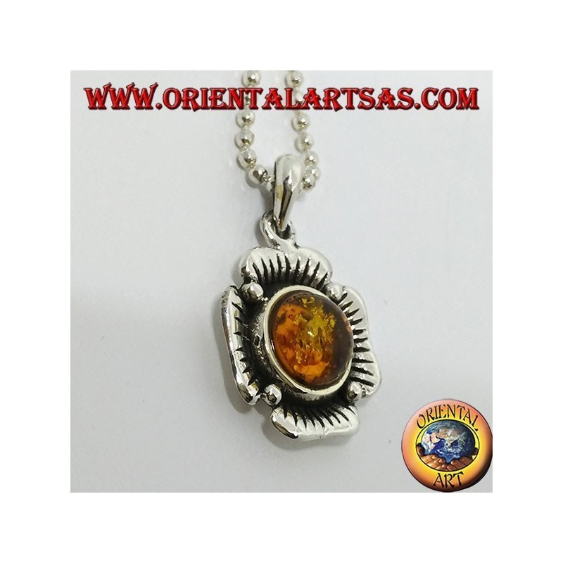 Pendentif en argent en forme de fleur avec un ambre hémisphérique central