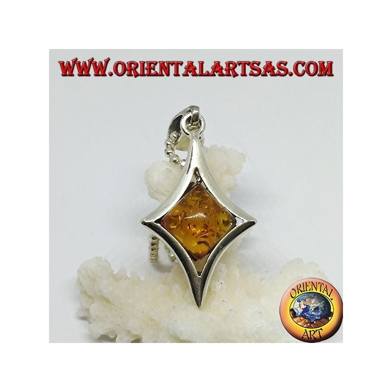 Silver pendant in diamond shape with a central square amber