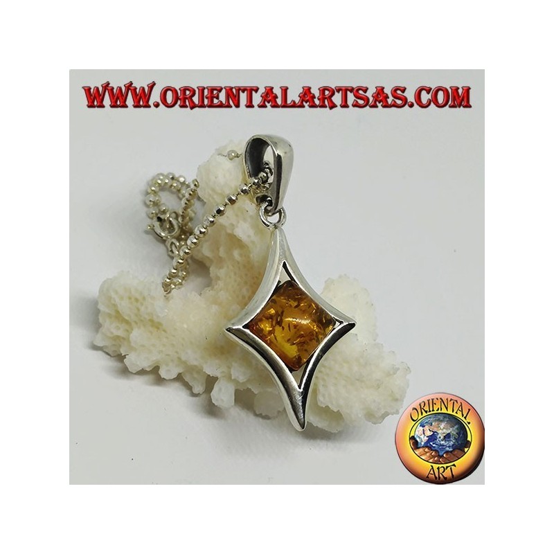 Silver pendant in diamond shape with a central square amber