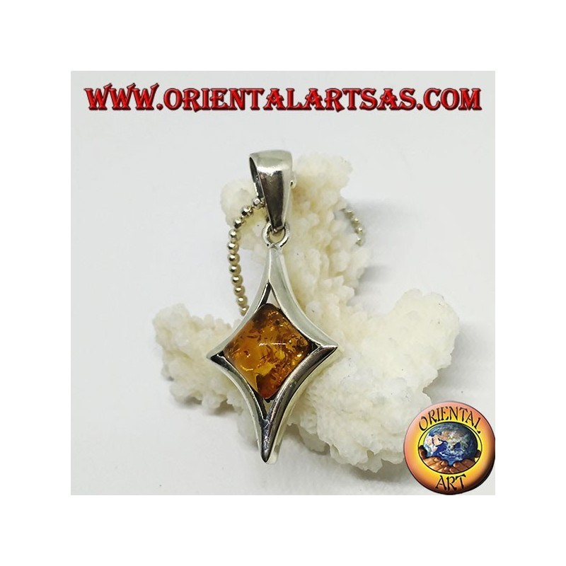 Silver pendant in diamond shape with a central square amber