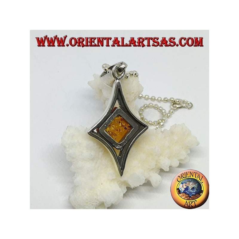 Silver pendant in diamond shape with a central square amber