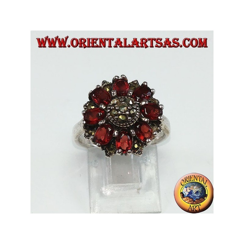Silver ring in round shape with 8 natural oval and marcasite garnets