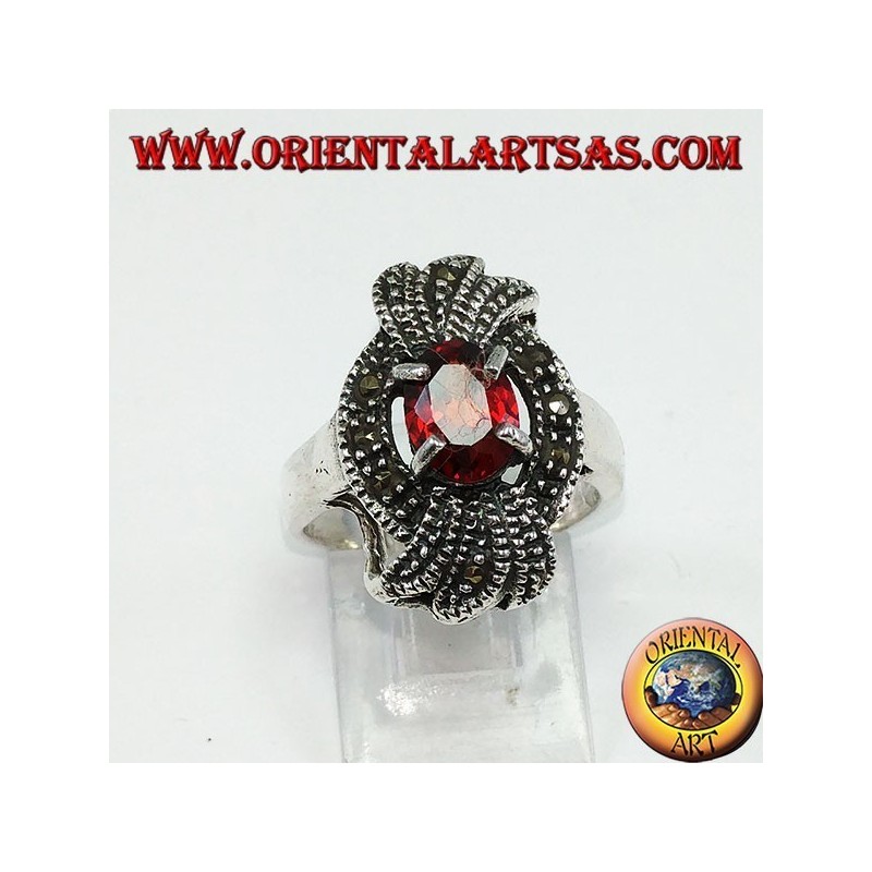 Silver ring, marcassite bow with a natural oval grenade encrusted