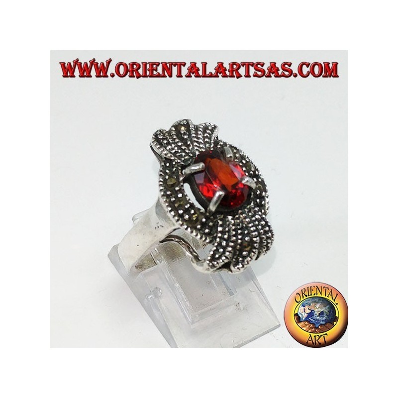Silver ring, marcassite bow with a natural oval grenade encrusted