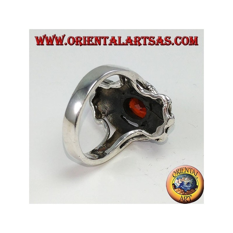 Silver ring, marcassite bow with a natural oval grenade encrusted