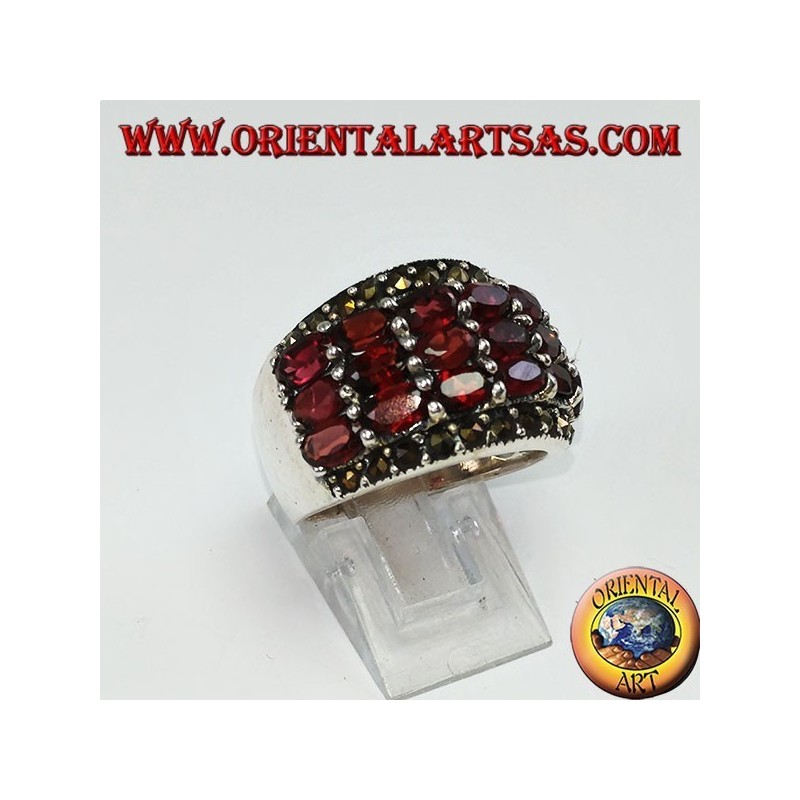 Silver band ring with 18 oval natural garnets