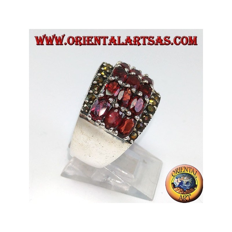 Silver band ring with 18 oval natural garnets