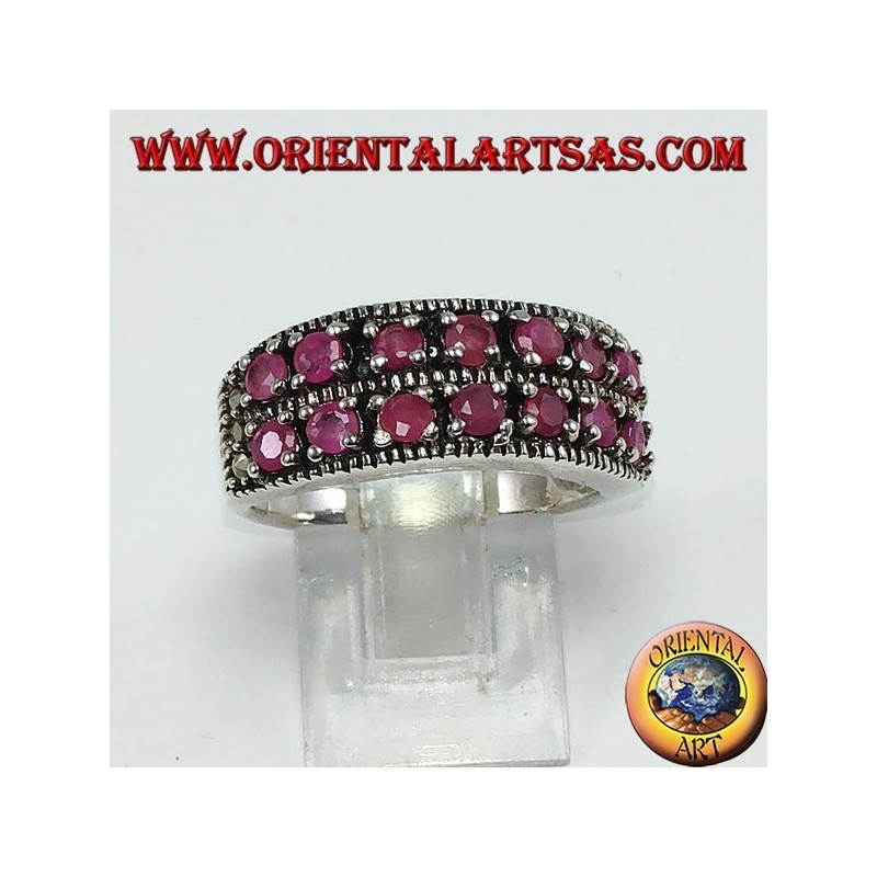 Band ring in silver with two rows of set round rubies