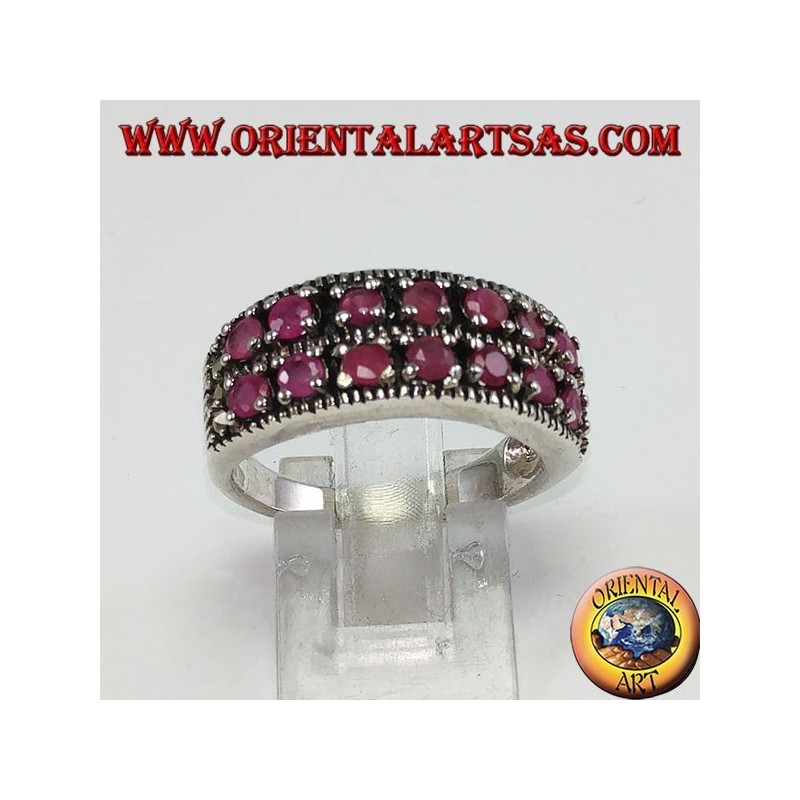 Band ring in silver with two rows of set round rubies