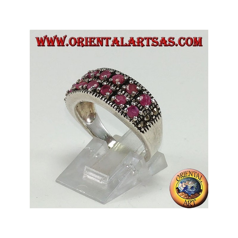 Band ring in silver with two rows of set round rubies
