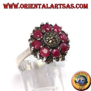 Silver ring with 8 round rubies set and marcasites in the center