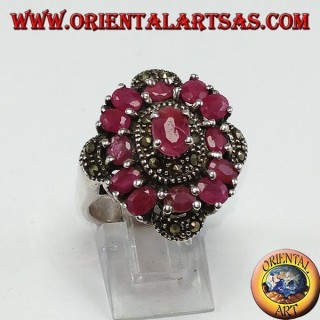 Silver ring with 13 oval rubies set and adorned with marcassite