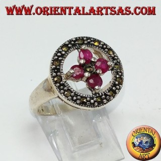 Round silver ring with a cross of 4 round set rubies