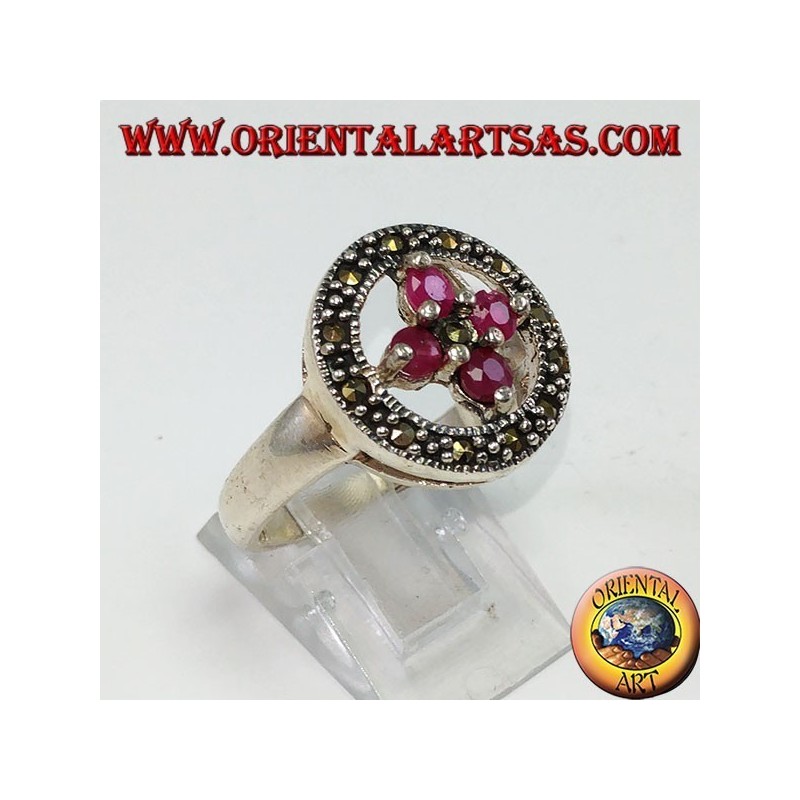 Round silver ring with a cross of 4 round set rubies