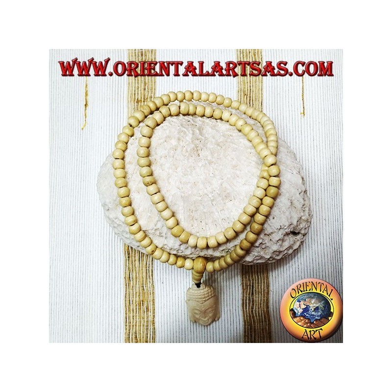 Mālā rosario buddista  da 108 Grani in osso di yak da 8,5 mm. con testa di Buddha