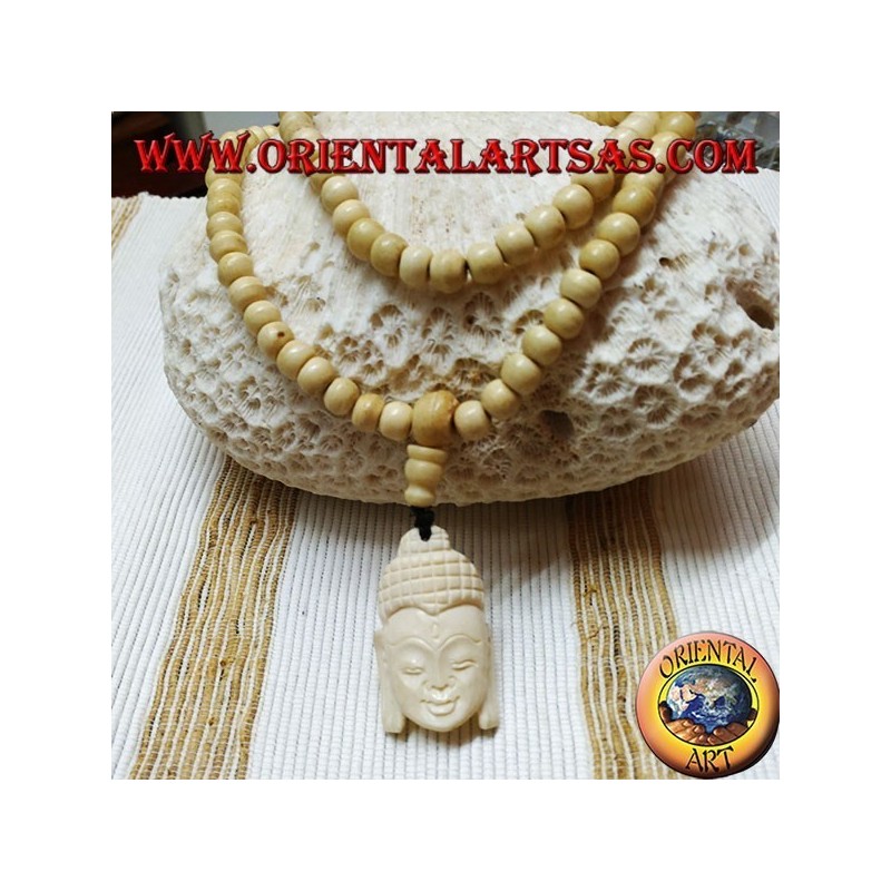Chapelet bouddhiste Mālā de 108 grains en os de yak de 8,5 mm. avec la tête de Bouddha