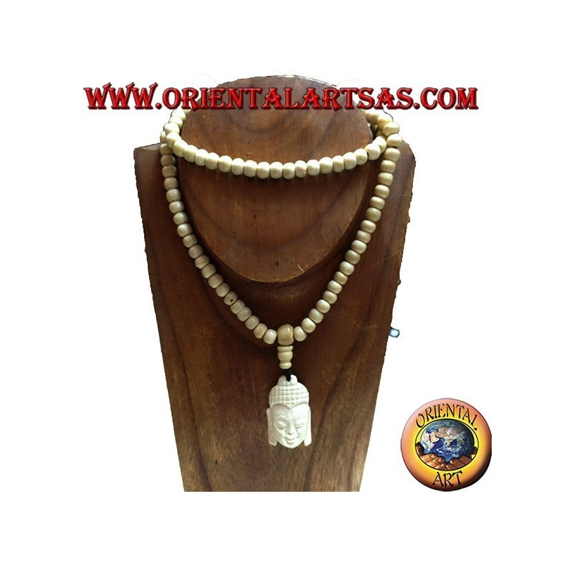 Chapelet bouddhiste Mālā de 108 grains en os de yak de 8,5 mm. avec la tête de Bouddha