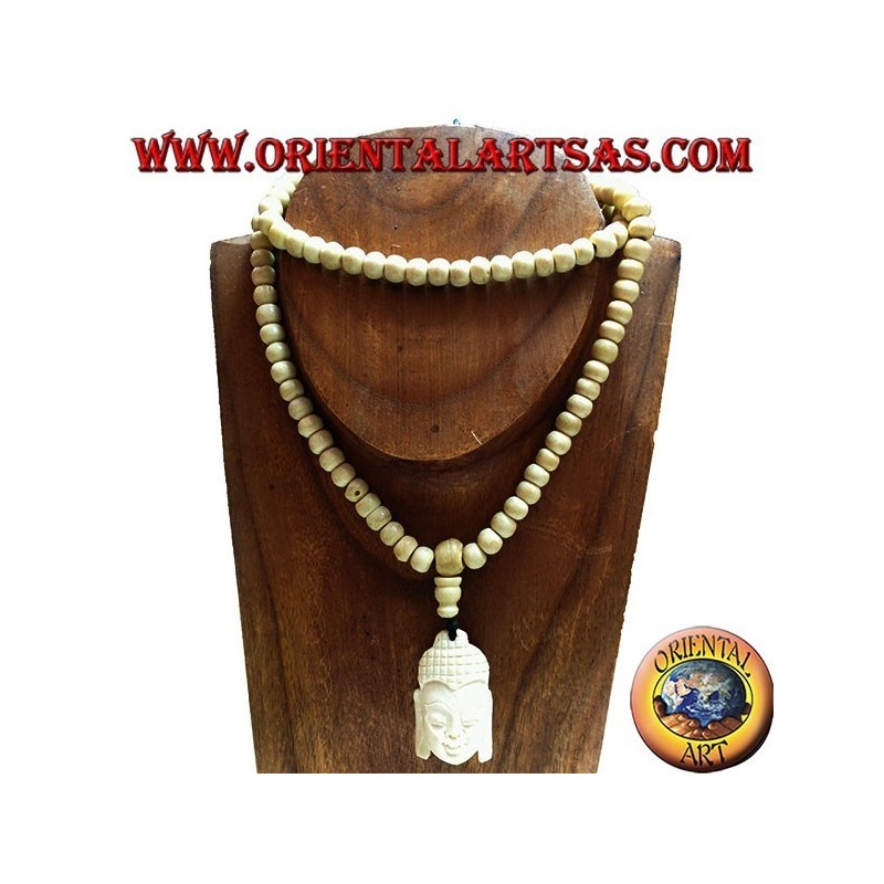 Chapelet bouddhiste Mālā de 108 grains en os de yak de 8,5 mm. avec la tête de Bouddha