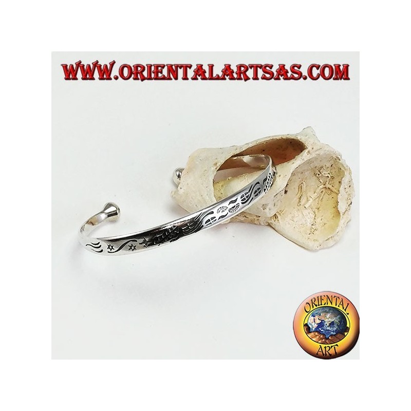 Bracelet rigide en argent, étoiles et nuages gravés à la main