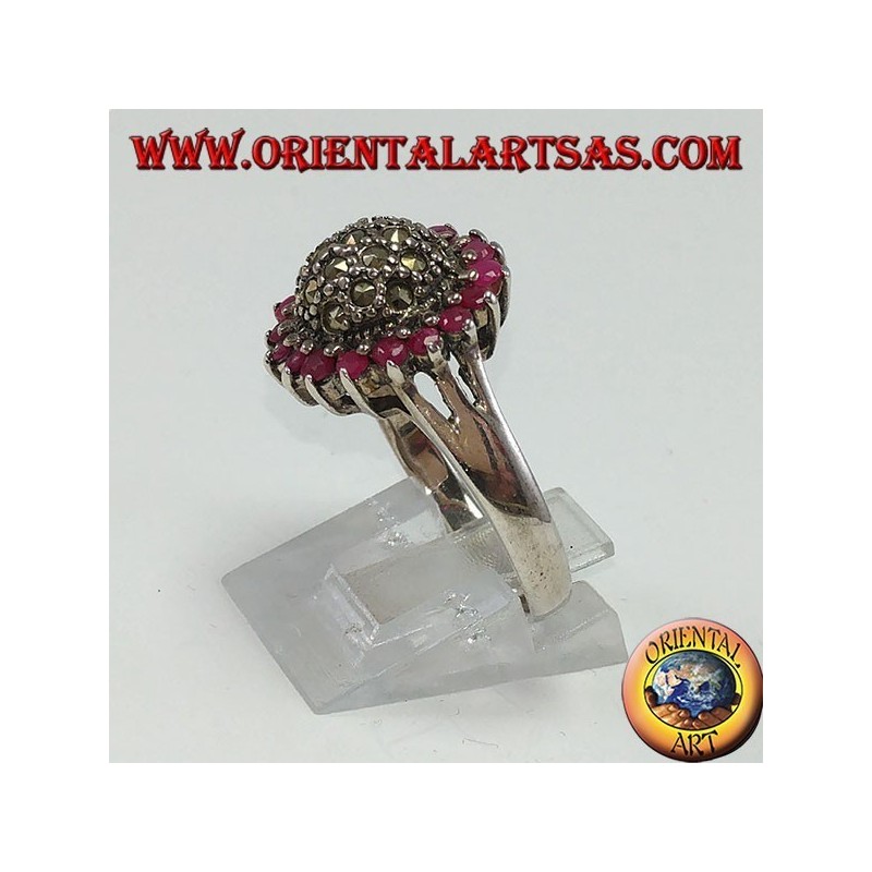 Round silver ring with a marcasite hemisphere surrounded by 18 round set rubies