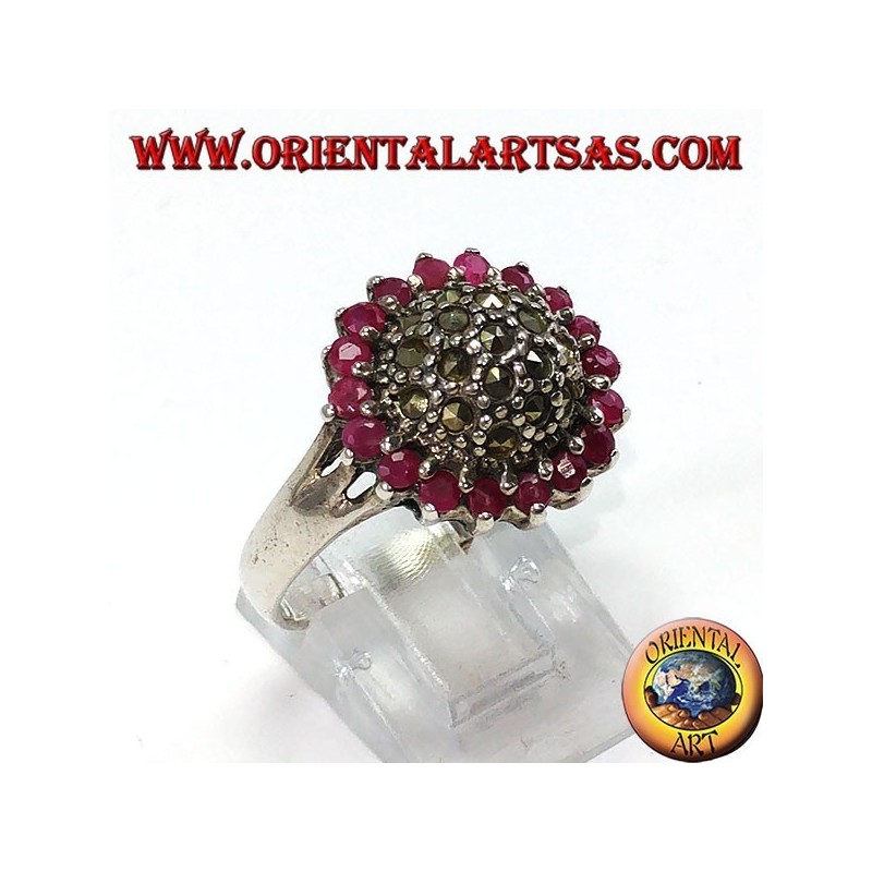 Round silver ring with a marcasite hemisphere surrounded by 18 round set rubies