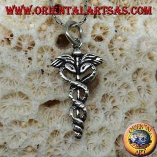 Pendentif caducée en argent (bâton ailé avec deux serpents torsadés)