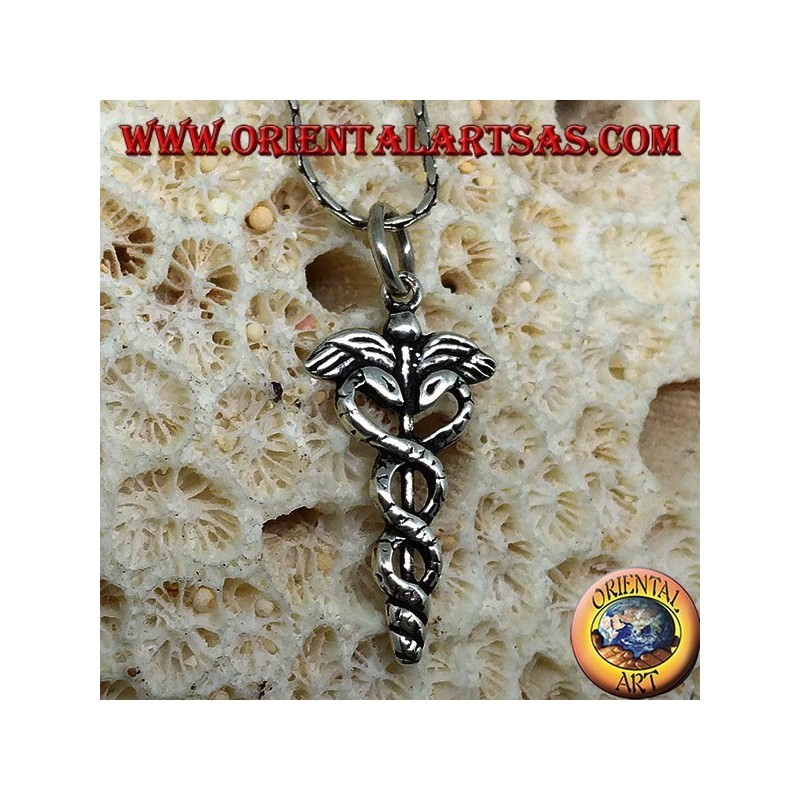 Silver caduceus pendant (winged stick with two twisted snakes)