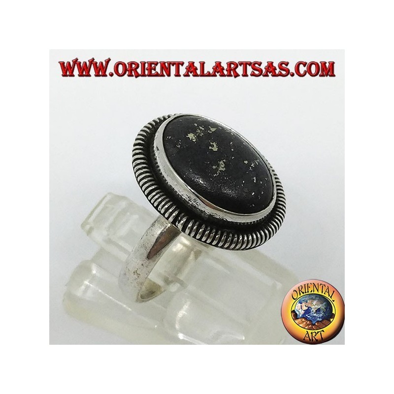 Silver ring with natural oval lapis lazuli edged with a spiral