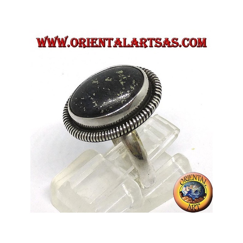 Silver ring with natural oval lapis lazuli edged with a spiral