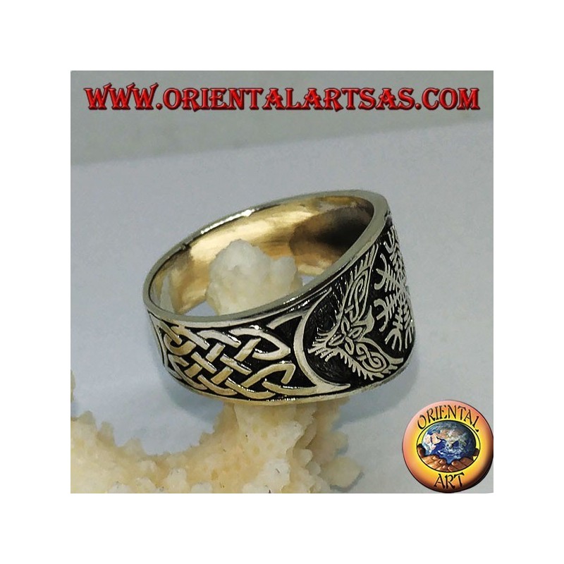 Bague en argent avec un tissage aegishjalmur et celtique sur les côtés