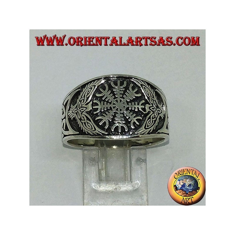 Silver ring with aegishjalmur and Celtic weave on the sides