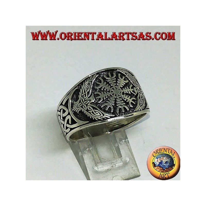 Bague en argent avec un tissage aegishjalmur et celtique sur les côtés
