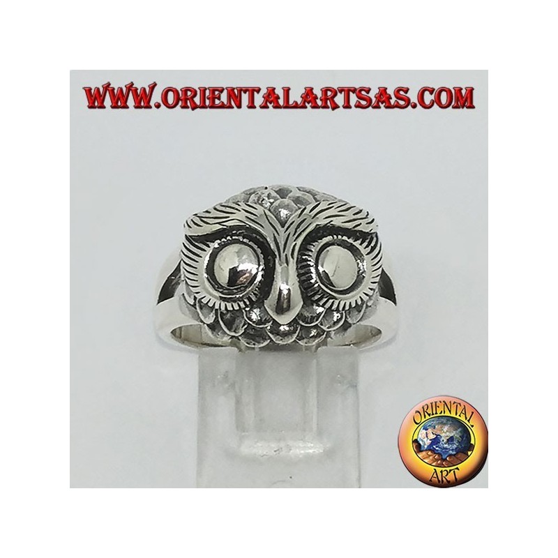 Bague en argent avec tête de hibou et grands yeux