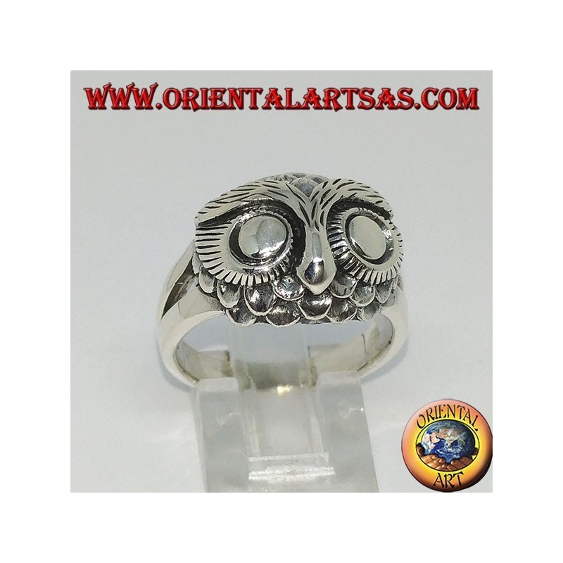 Bague en argent avec tête de hibou et grands yeux