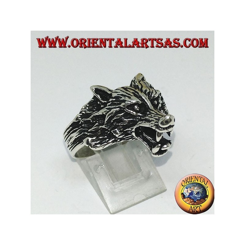 Silver ring, wolf's head growling