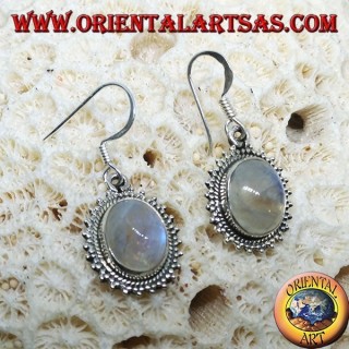 Silver earrings with oval rainbow Labradorite surrounded by dots