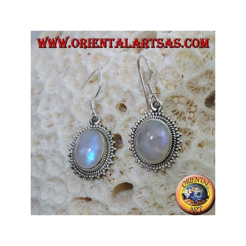 Silver earrings with oval rainbow Labradorite surrounded by dots