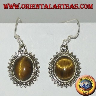 Silver earrings with oval tiger's eye surrounded by dots