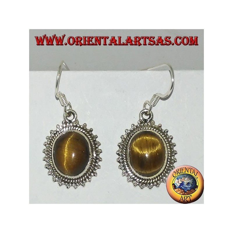 Boucles d'oreilles en argent avec oeil de tigre ovale entouré de points