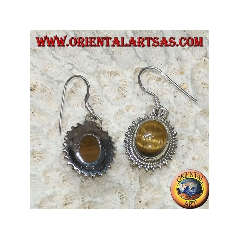 Silver earrings with oval tiger's eye surrounded by dots