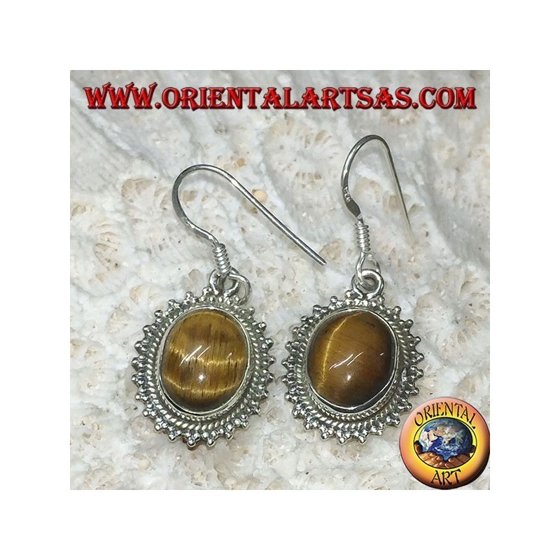 Boucles d'oreilles en argent avec oeil de tigre ovale entouré de points