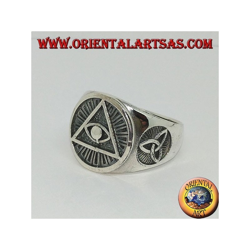 Silver ring of the illuminated pyramid with tyrone knot on the sides