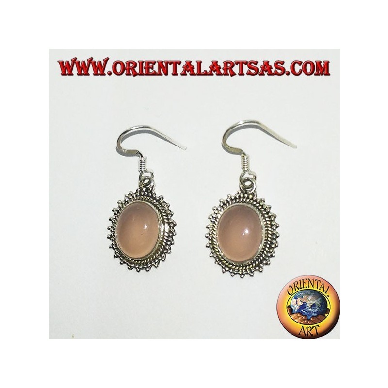 Boucles d'oreilles en argent avec quartz rose ovale entouré de points