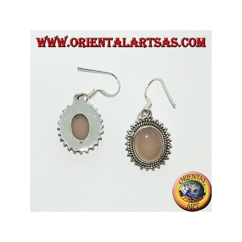 Boucles d'oreilles en argent avec quartz rose ovale entouré de points