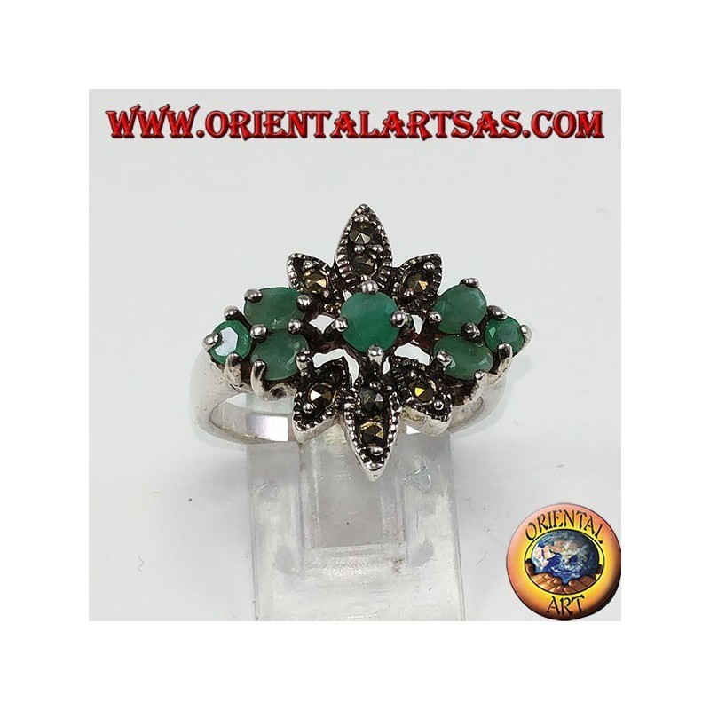 Silver ring with 7 natural emeralds and marcasites