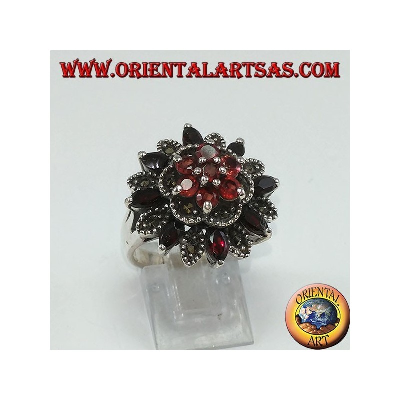 Silver ring with 8 shuttle garnets + 7 natural and marcassite rounds