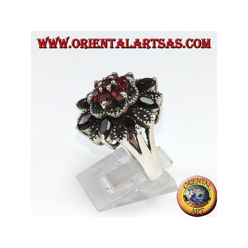 Silver ring with 8 shuttle garnets + 7 natural and marcassite rounds